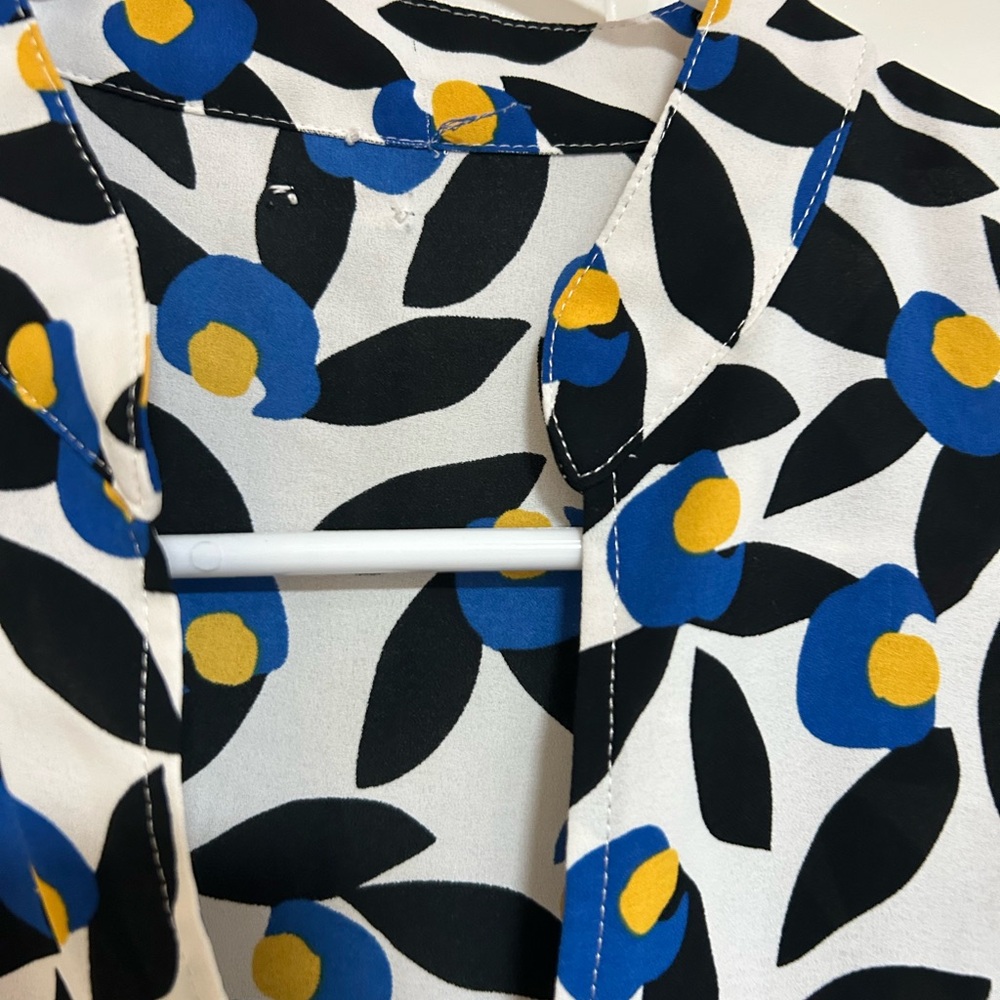 Anne Klein Black and White Blouse with Blue and Yellow Floral Design